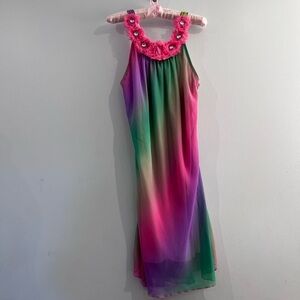 Women’s Rainbow Sheer over Pink Midi Dress Spaghetti Straps